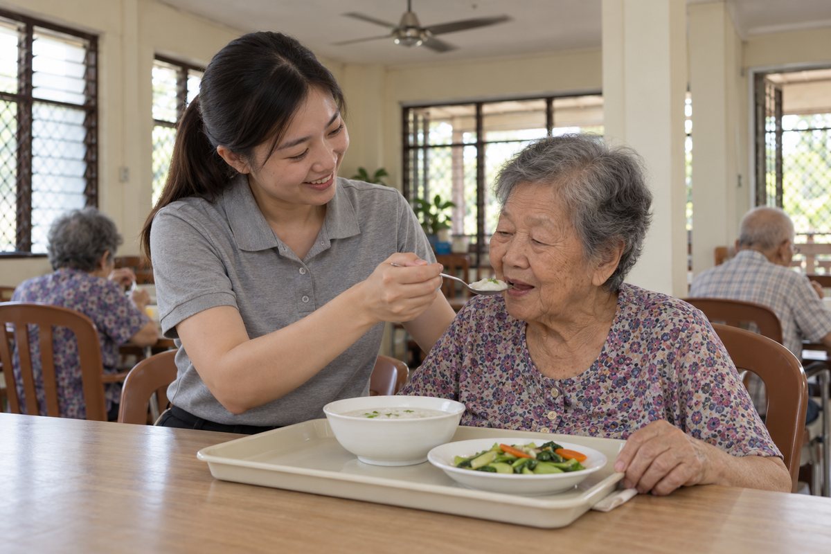 示意图:护理人员在餐桌旁协助长者用餐