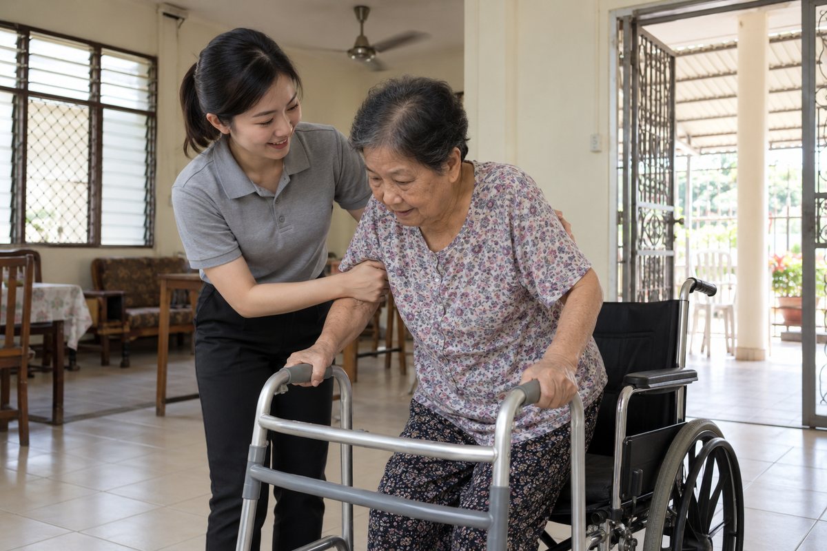 示意图:护理人员扶长者从轮椅站起,使用助行架
